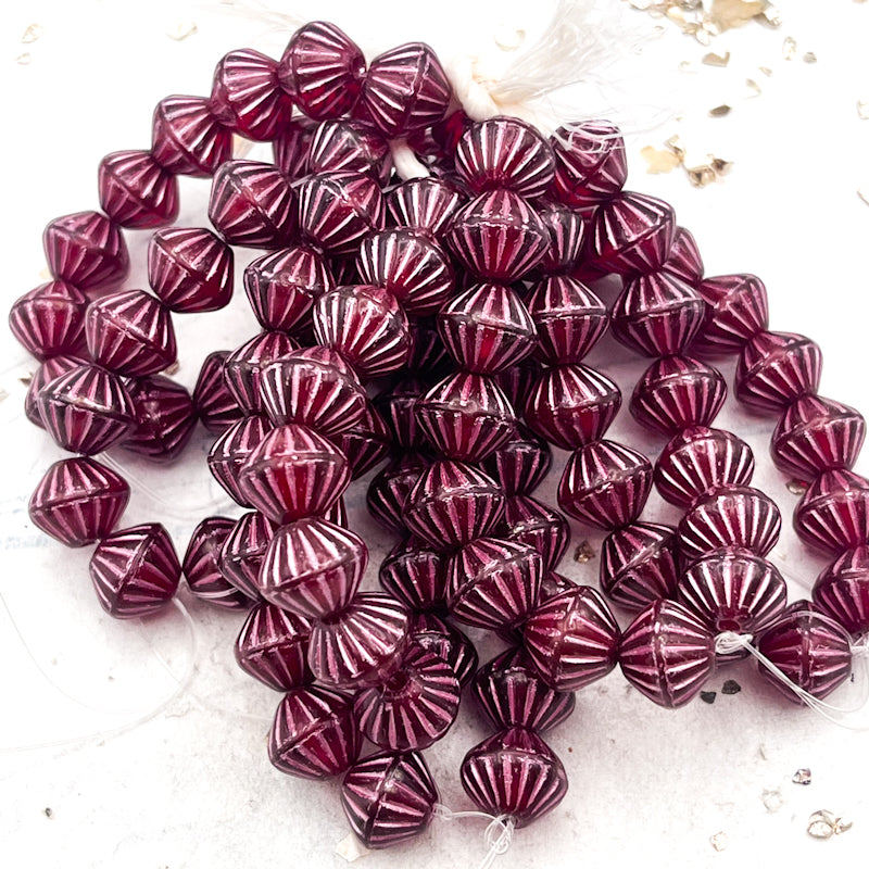 Pre-Order 9mm Large Hole Tribal Bicone Burgundy with a Golden Luster and a Metallic Pink Wash