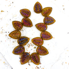 Load image into Gallery viewer, Amber with Metallic Purple and Metallic Volcano Washes Leaf Czech Bead Strand
