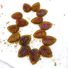 Load image into Gallery viewer, Amber with Metallic Purple and Metallic Volcano Washes Leaf Czech Bead Strand

