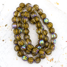 Load image into Gallery viewer, 8mm Transparent Glass with AB Finish and a Gold Wash Large Hole Melon Bead Strand
