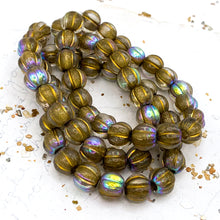 Load image into Gallery viewer, 8mm Transparent Glass with AB Finish and a Gold Wash Large Hole Melon Bead Strand
