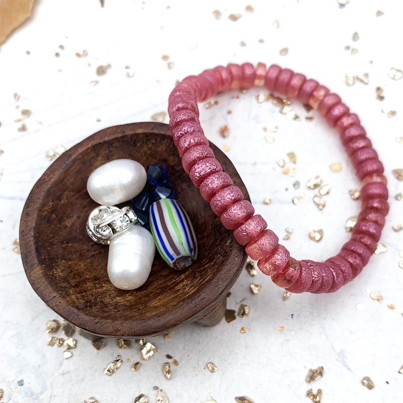 2.0 African Focal Beads and Transparent Glass with Etched and Metallic Pink Wash Heishi Kit