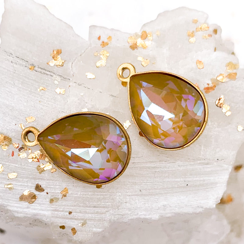 14x10mm Ochre Delite Pear Fancy Stone Premium Crystal and Brass Setting with Loop Pair