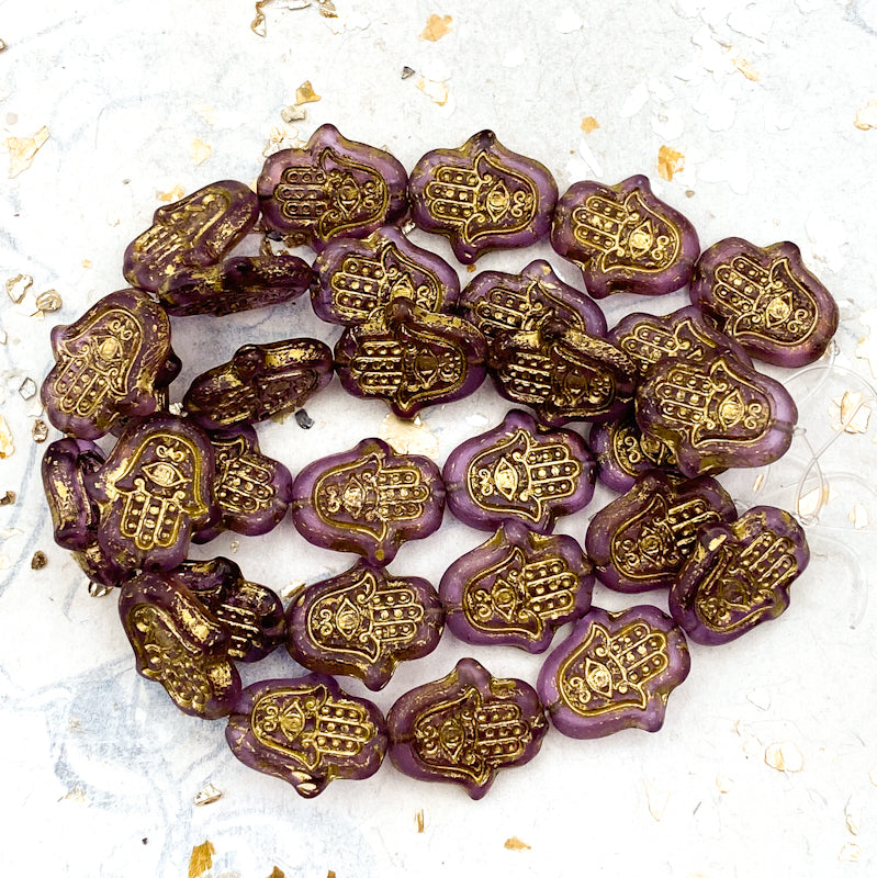 15x10mm Thistle with Gold Wash Hamsa Hand Bead Strand
