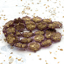 Load image into Gallery viewer, 15x10mm Thistle with Gold Wash Hamsa Hand Bead Strand
