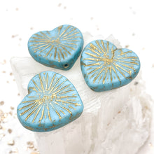 Load image into Gallery viewer, 22mm Sky Blue with Gold Wash Flaming Heart Focal Bead
