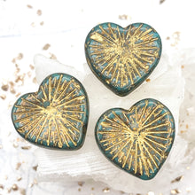 Load image into Gallery viewer, 22mm Sea Green with Gold Finish and Gold Wash Flaming Heart Focal Bead

