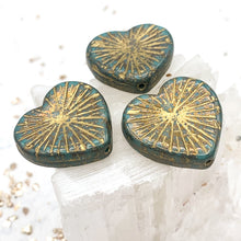 Load image into Gallery viewer, 22mm Sea Green with Gold Finish and Gold Wash Flaming Heart Focal Bead
