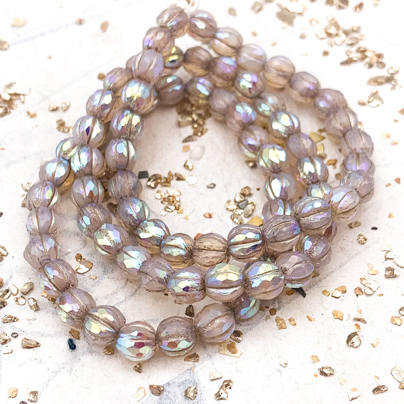 6mm Pale Pink with Rainbow AB Finish and Metallic Beige Wash Faceted Melon Bead Strand