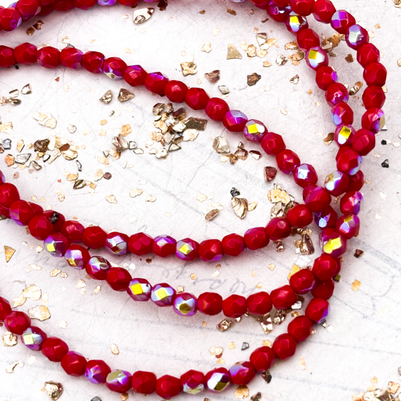 4mm Ruby Red with AB Finish Faceted Round Fire-Polished Bead Strand