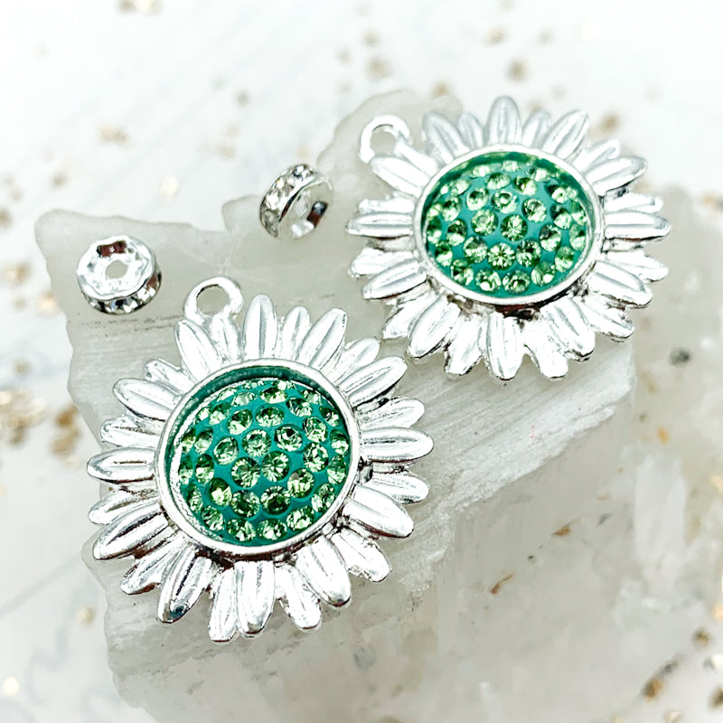 Peridot Cab & Bright Silver Flower Pair