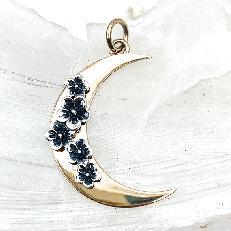 Bronze Moon with Silver Cherry Blossoms Charm