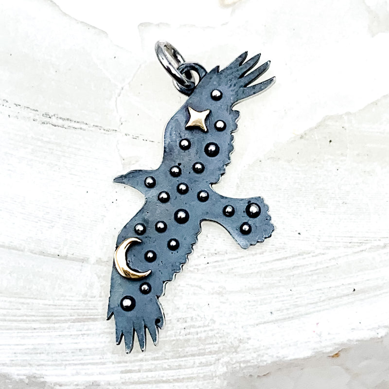 Silver Raven with Bronze Star and Moon Charm