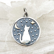 Load image into Gallery viewer, Silver Gazing Kitty with Bronze Star and Moon Charm
