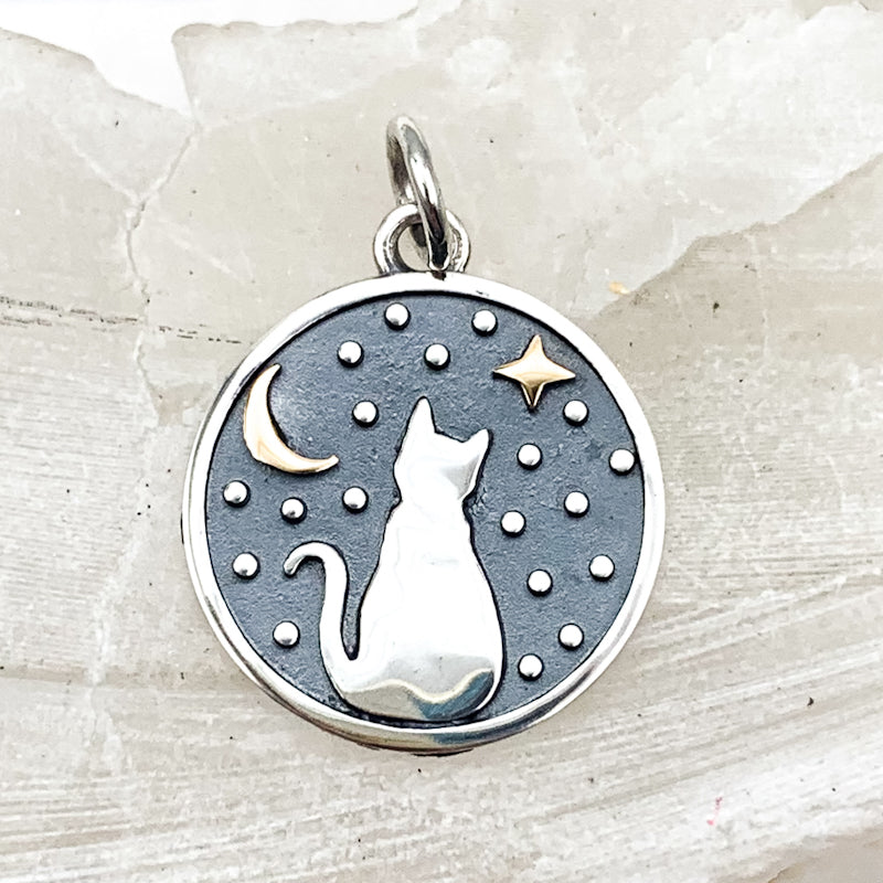 Silver Gazing Kitty with Bronze Star and Moon Charm