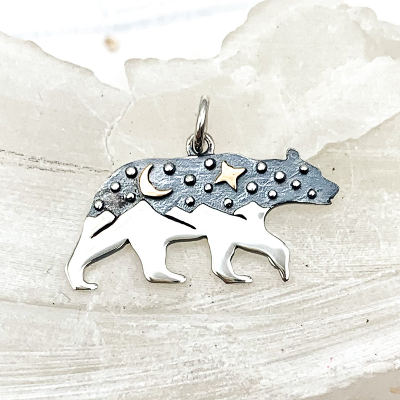 Silver Bear with Mountains and Bronze Moon Charm