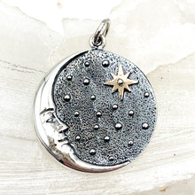 Load image into Gallery viewer, Silver Crescent Moon Face Pendant with Bronze Star
