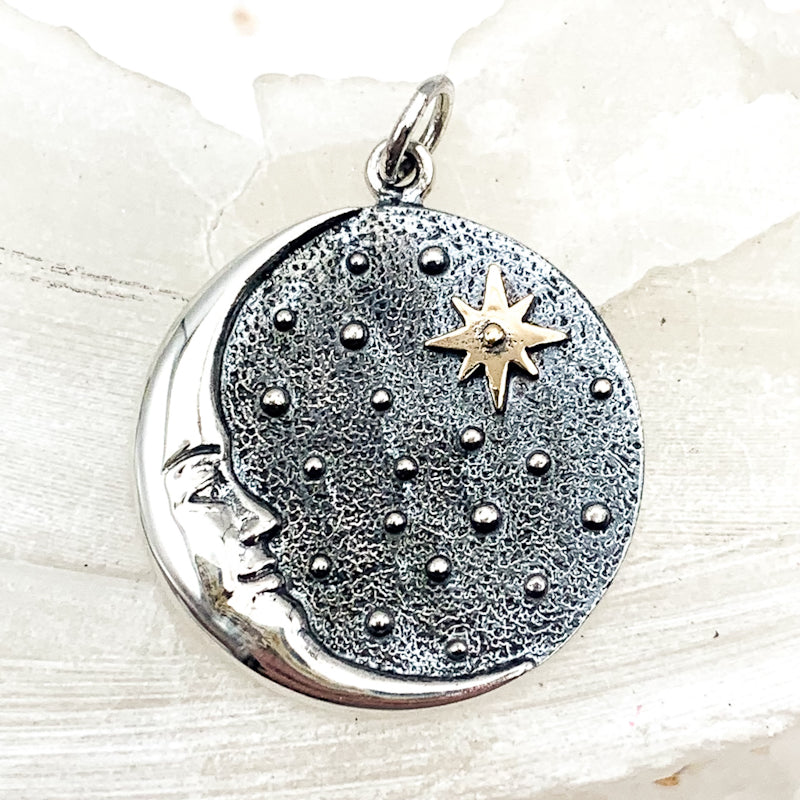 Silver Crescent Moon Face Pendant with Bronze Star