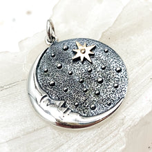 Load image into Gallery viewer, Silver Crescent Moon Face Pendant with Bronze Star
