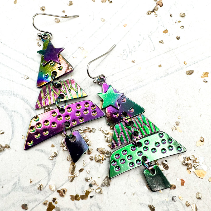 Rainbow Christmas Tree Earring Pair