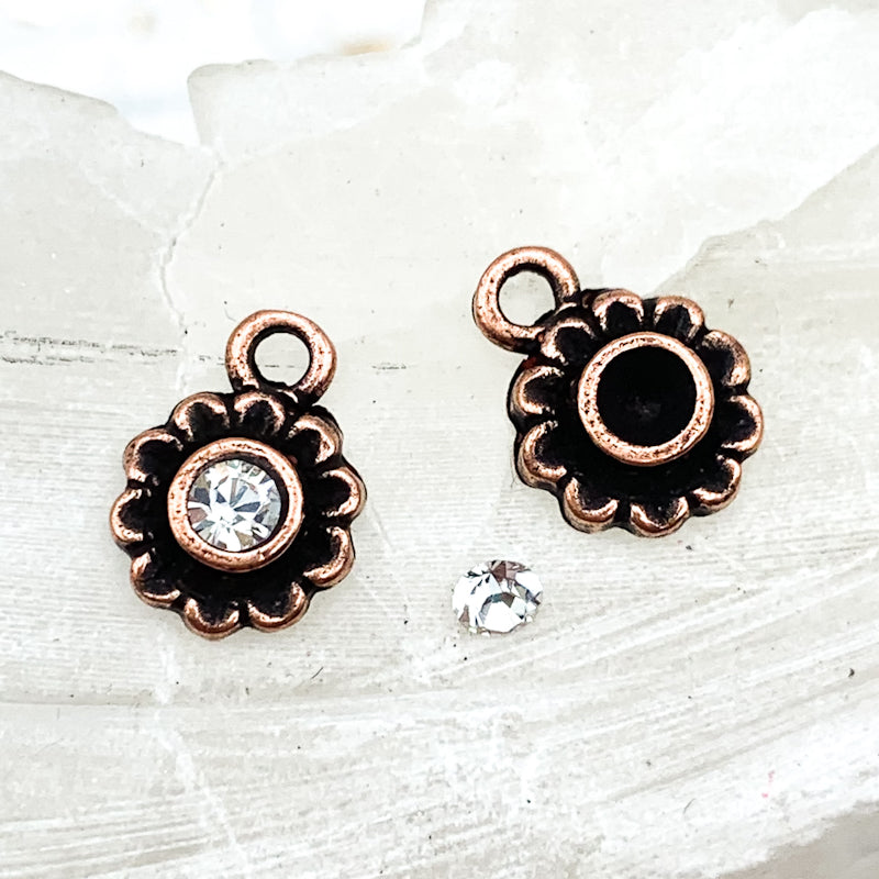 Antique Copper Little Daisy Bezel and Rhinestone Charm Pair