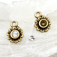 Load image into Gallery viewer, Antique Gold Little Daisy Bezel and Rhinestone Charm Pair
