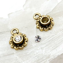 Load image into Gallery viewer, Antique Gold Little Daisy Bezel and Rhinestone Charm Pair
