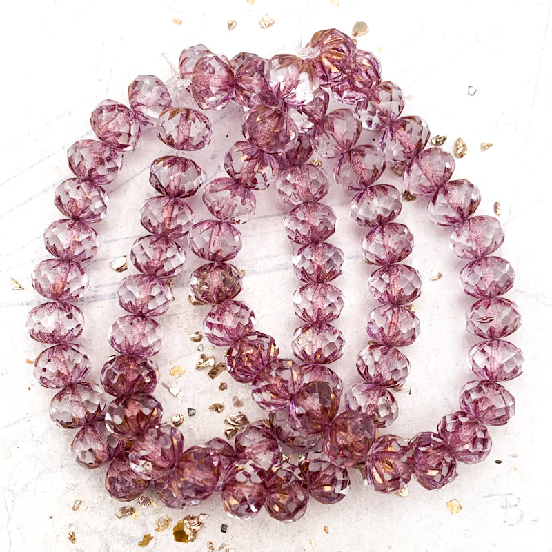 Pre-Order 7x10mm Transparent Glass with Purple and Bronze Shimmer Cruller Bead Strand