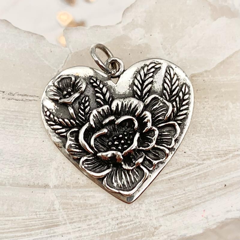 Peony Flowers Sterling Silver Heart Charm