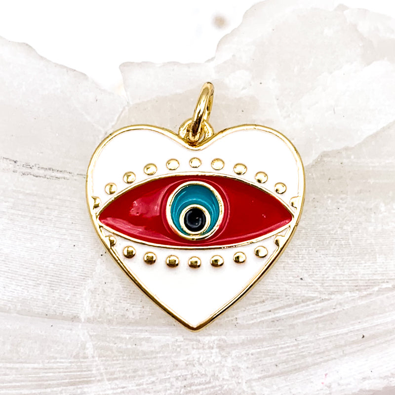 White and Red Evil Eye Heart Charm