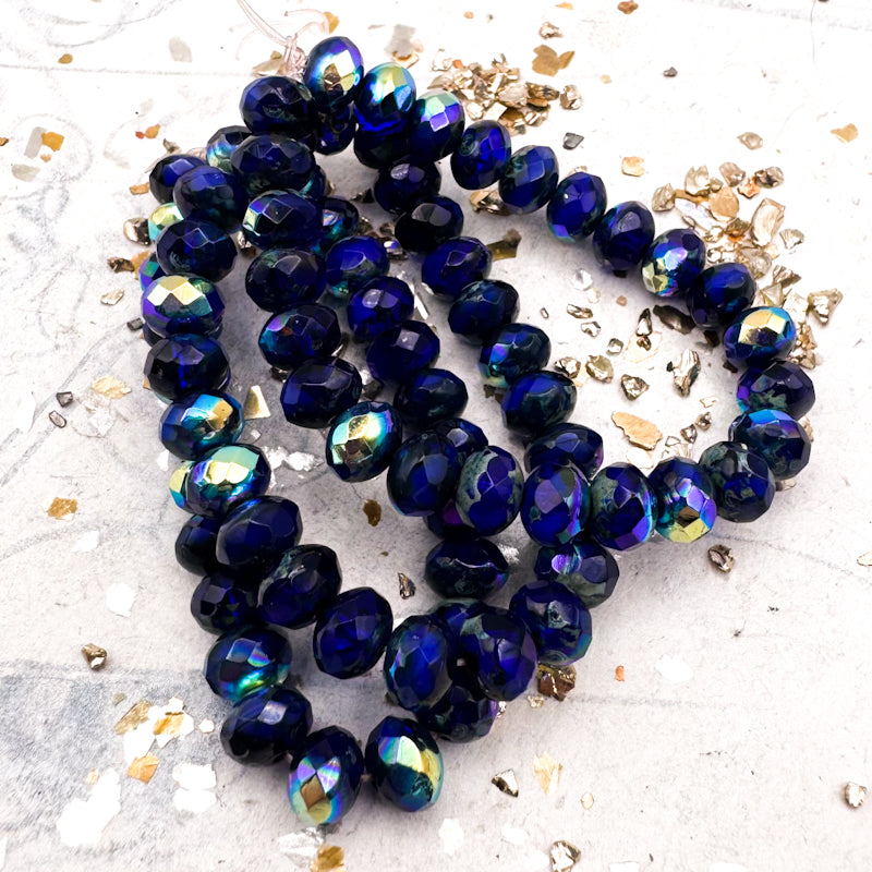 5x7mm Sapphire with AB and Picasso Finishes Rondelle Czech Bead Strand