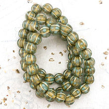 Load image into Gallery viewer, 8mm Transparent and Mint with Gold Wash Large Hole Melon Bead Strand
