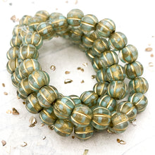 Load image into Gallery viewer, 8mm Transparent and Mint with Gold Wash Large Hole Melon Bead Strand
