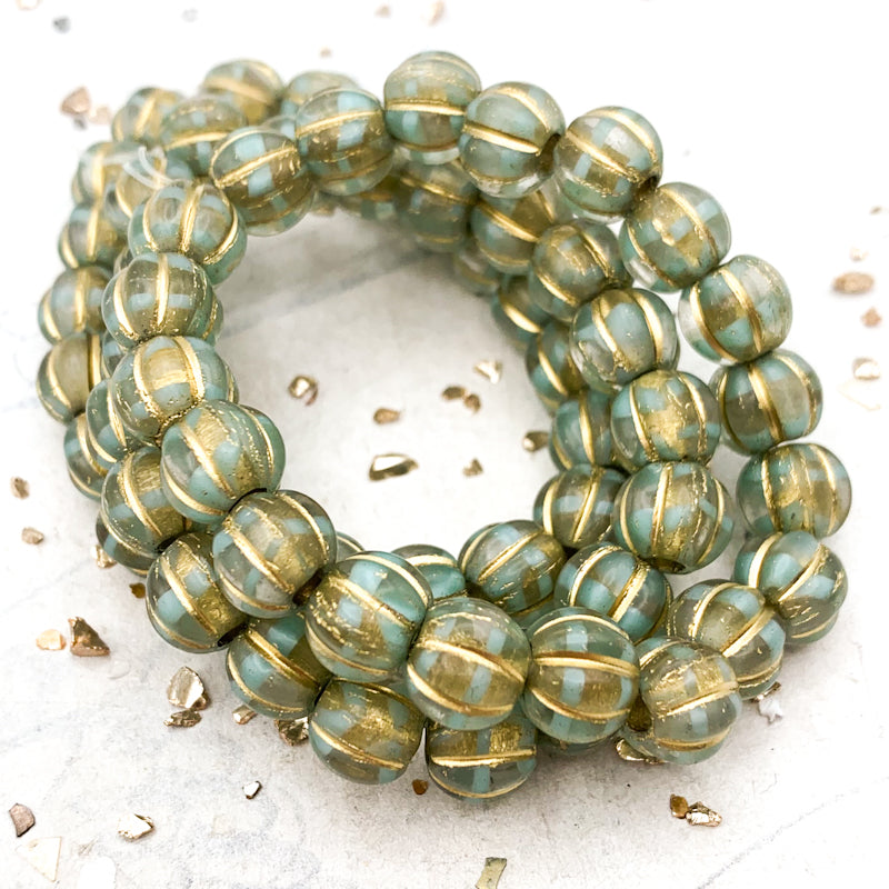 8mm Transparent and Mint with Gold Wash Large Hole Melon Bead Strand