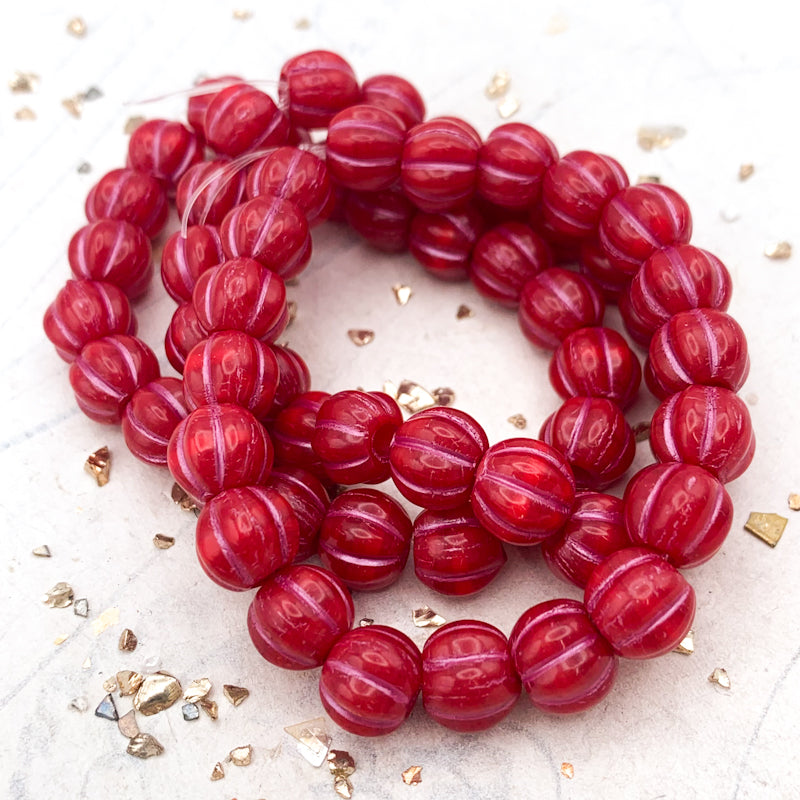 8mm Ruby Red with Metallic Pink Wash Large Hole Melon Bead Strand