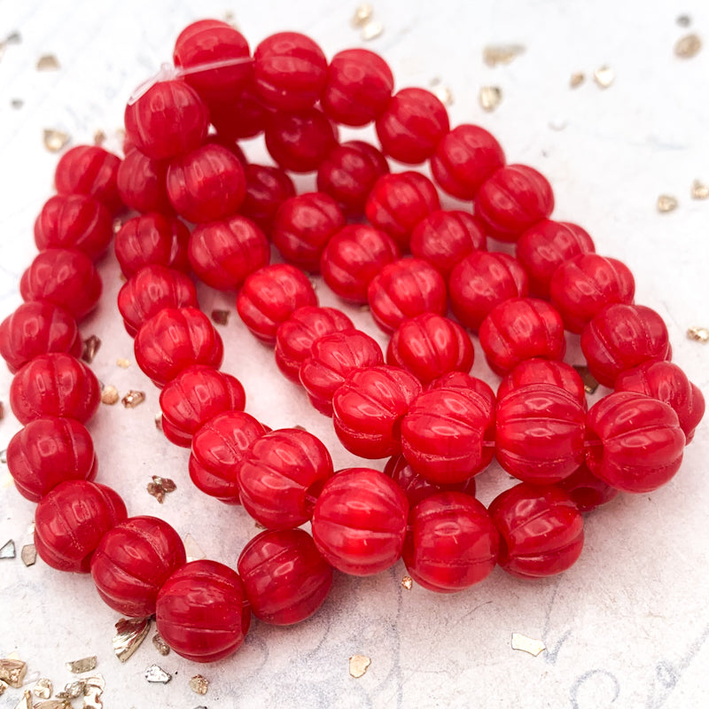 8mm Ruby Red Large Hole Melon Bead Strand