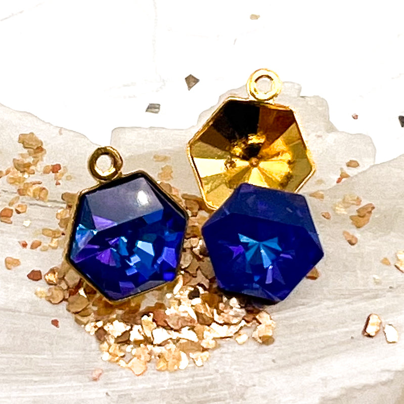 10.8mm Royal Blue Delite Hexagon Fancy Stone Premium Crystal and Brass Setting with Loop Pair