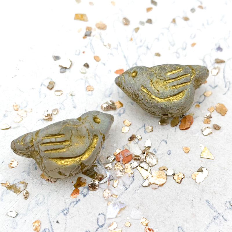 Matte Transparent Glass with an AB Finish and a Gold Wash Czech Bird Beads - 2 Pcs