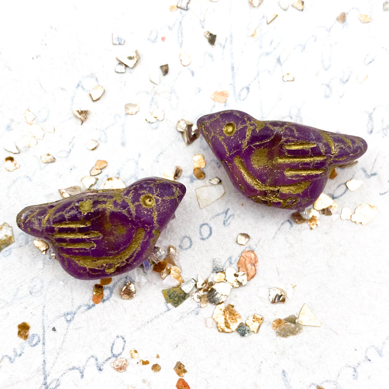 Matte Thistle with a Gold and AB Finish Czech Bird Beads - 2 Pcs