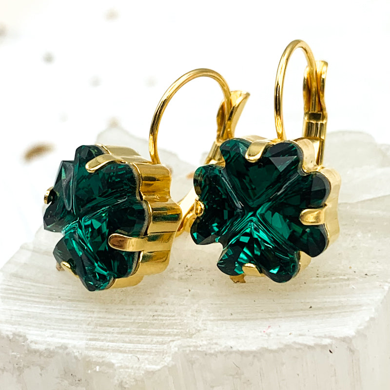 Golden Emerald Clover Sparkle Earrings