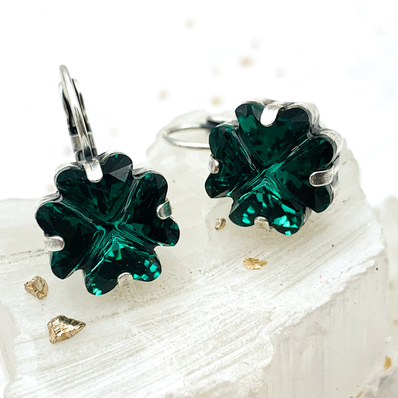 Antique Silver Emerald Clover Sparkle Earrings