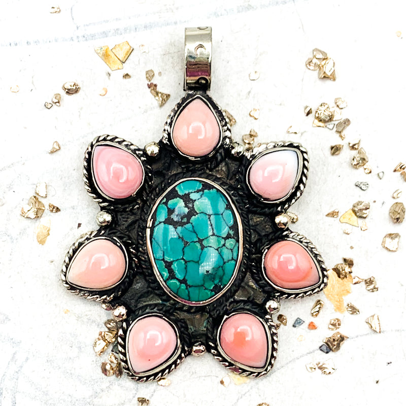 Turquoise and Pink Shell Nepal Pendant - Tucson Find