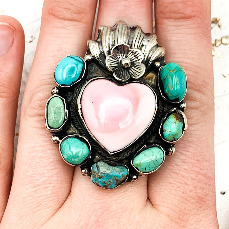 Pink Shell and Turquoise Sacred Heart Nepal Adjustable Ring - Tucson Find