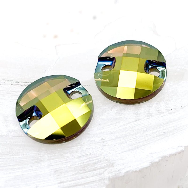 14mm Iridescent Green Round Checkerboard Crystal Link Pair