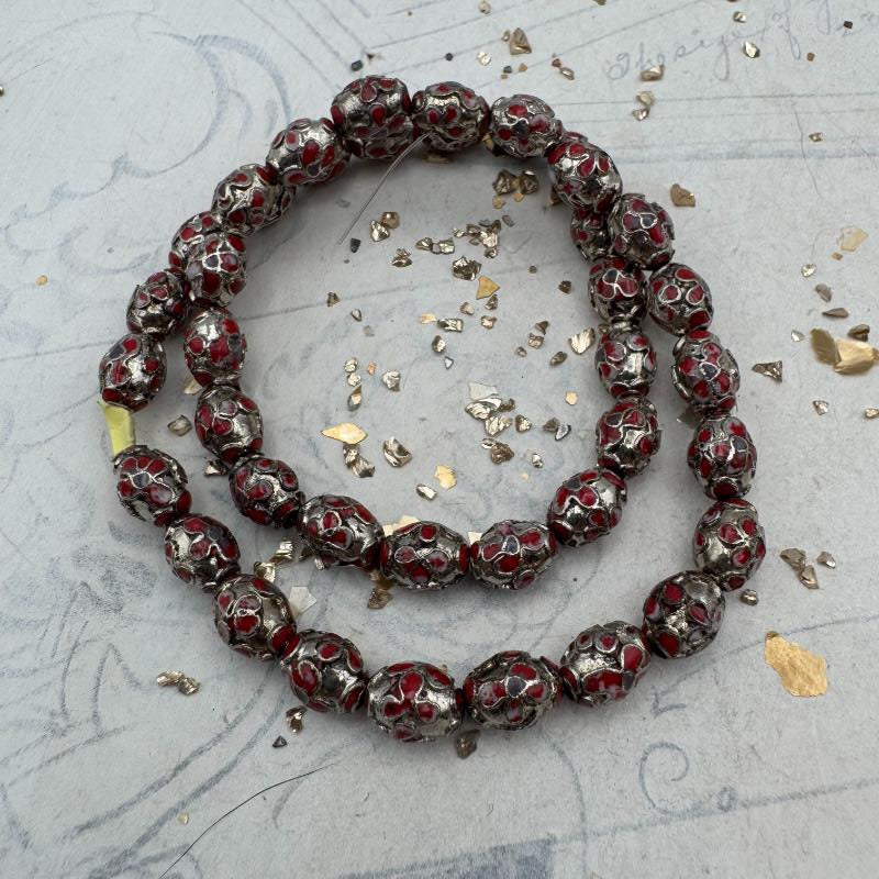 Red Cloisonne Flower Bead Strand - Tucson Find