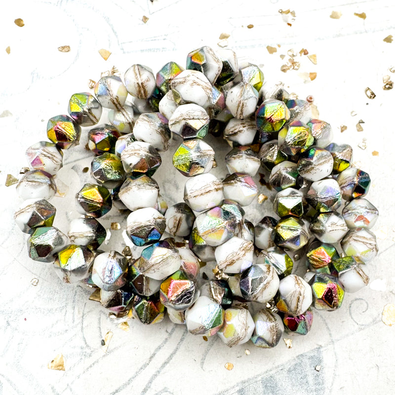 8mm White with an AB Finish and a Metallic Beige Wash English Cut Bead Strand