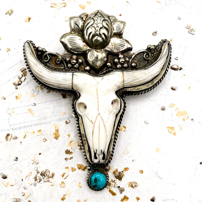 Nepal Bull Skull with Turquoise and Flower Pendant