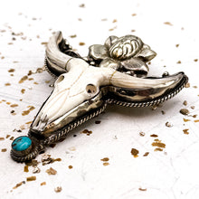 Load image into Gallery viewer, Nepal Bull Skull with Turquoise and Flower Pendant
