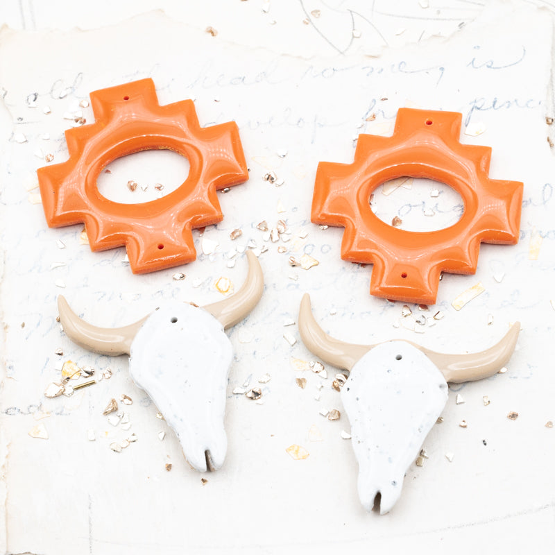Orange with Tan Horns Steer Head Earrings Components Pair