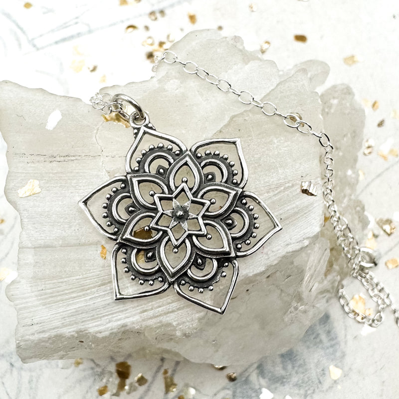 Sterling Silver Lotus Mandala Necklace